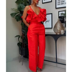 V-Neck Ruffle Halter Jumpsuit in Red